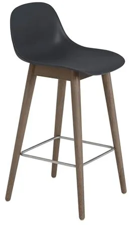 Muuto Fiber Barstol med Træ Base Og Ryglæn Sort/Mørk Brun H87,5 cm